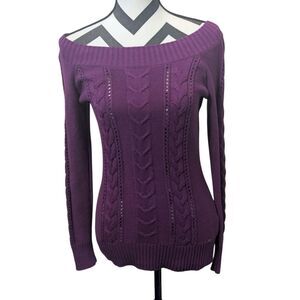 Guess Y2K Purple Off-the-Shoulder Cable Knit Sweater, Size M